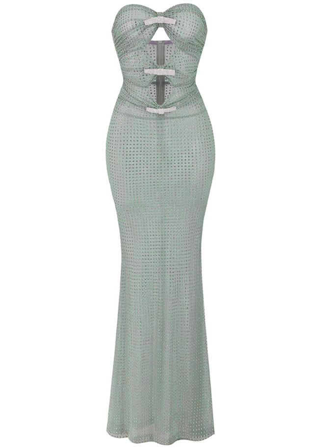 Strapless Crystal Bow Sparkly Maxi Dress Green Strapless Crystal Bow Sparkly Maxi Dress Green