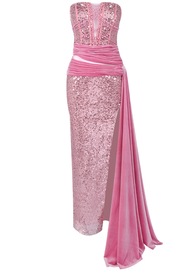 Strapless Sequin Draped Maxi Dress Pink Strapless Sequin Draped Maxi Dress Pink