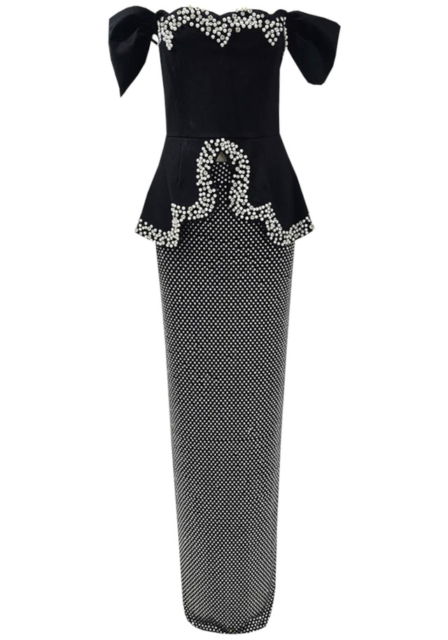 Bardot Crystal Pearl Peplum Maxi Dress Black Bardot Crystal Pearl Peplum Maxi Dress Black