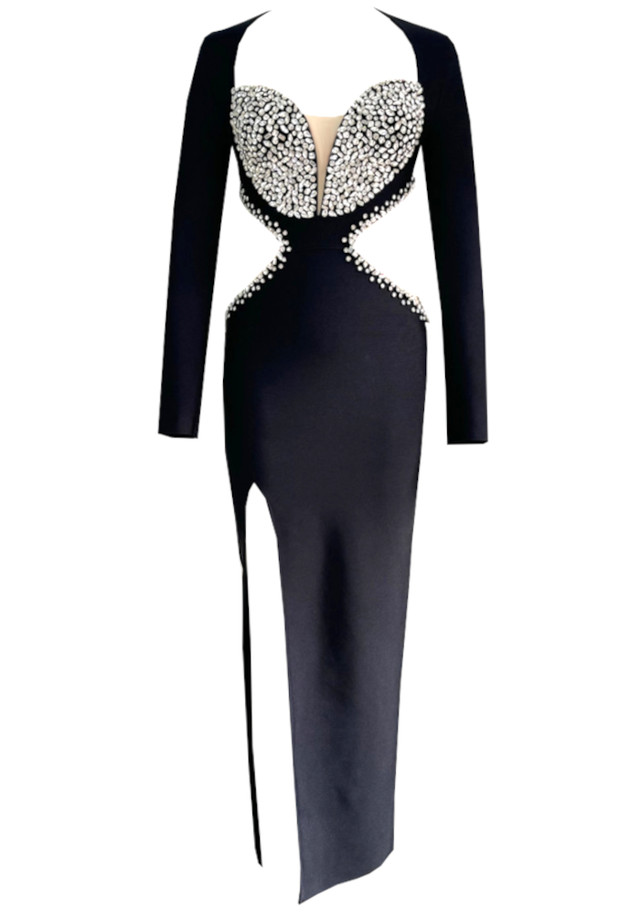 Long Sleeve Crystal Bustier Cut Out Maxi Dress Black Long Sleeve Crystal Bustier Cut Out Maxi Dress Black