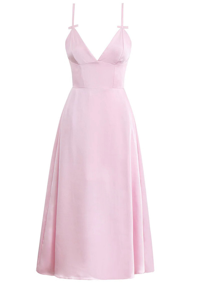 Bow Detail Bustier A Line Midi Dress Pink Bow Detail Bustier A Line Midi Dress Pink