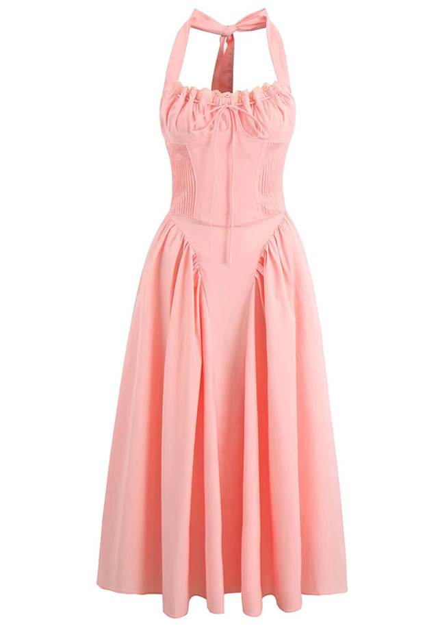 Halter Bustier A Line Midi Dress Pink Halter Bustier A Line Midi Dress Pink