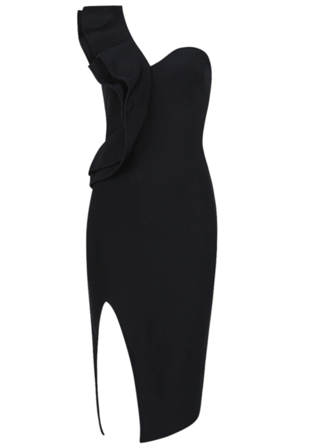 Ruffle One Shoulder Midi Dress Black Ruffle One Shoulder Midi Dress Black