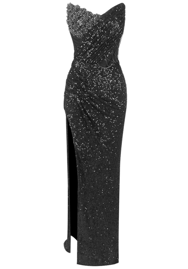 Strapless Sequin Draped Maxi Dress Black Strapless Sequin Draped Maxi Dress Black