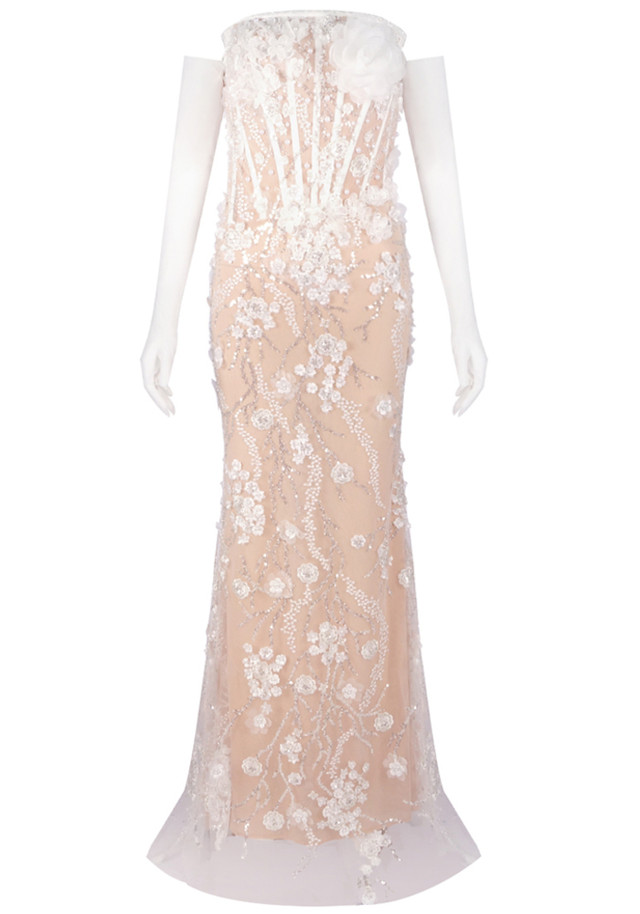 Strapless Floral Lace Sequin Maxi Dress White Nude Strapless Floral Lace Sequin Maxi Dress White Nude