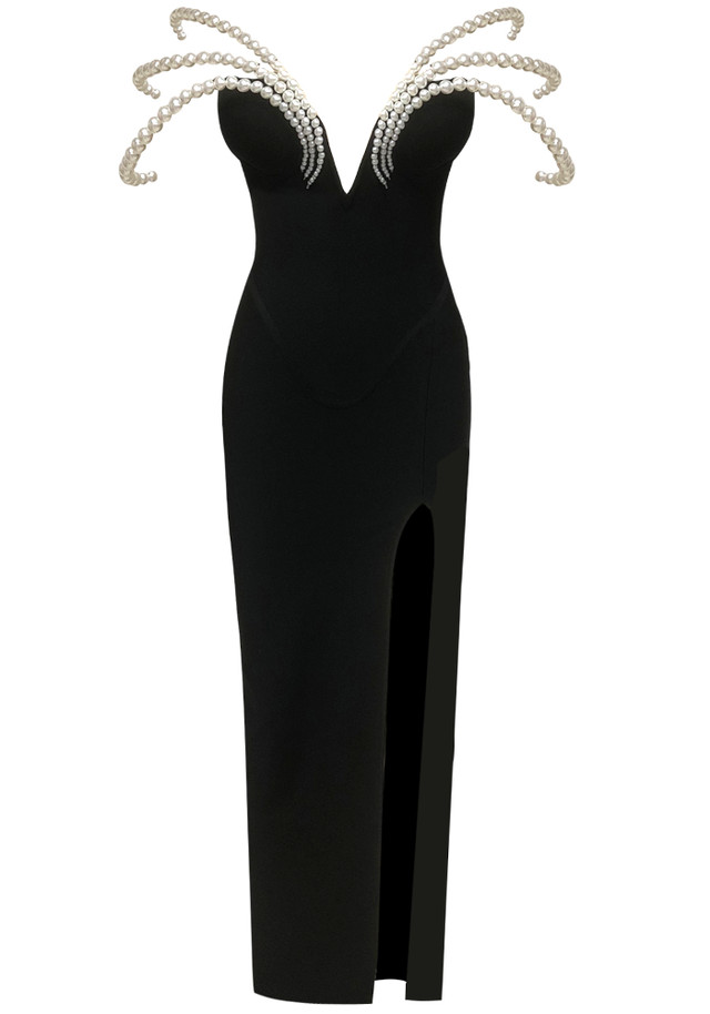 Pearl Detail Bardot Maxi Dress Black Pearl Detail Bardot Maxi Dress Black