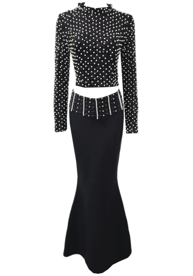 Long Sleeve Pearl Crystal Two Piece Maxi Dress Black Long Sleeve Pearl Crystal Two Piece Maxi Dress Black