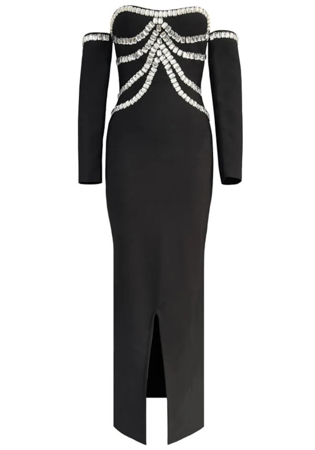 Long Sleeve Bardot Crystal Maxi Dress Black Long Sleeve Bardot Crystal Maxi Dress Black