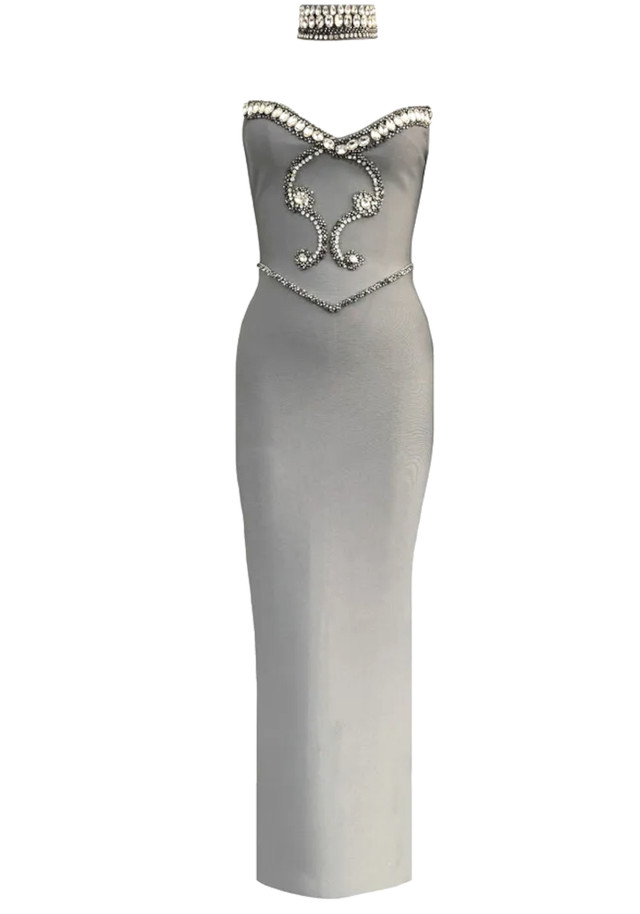 Crystal Choker Strapless Maxi Dress Grey Crystal Choker Strapless Maxi Dress Grey