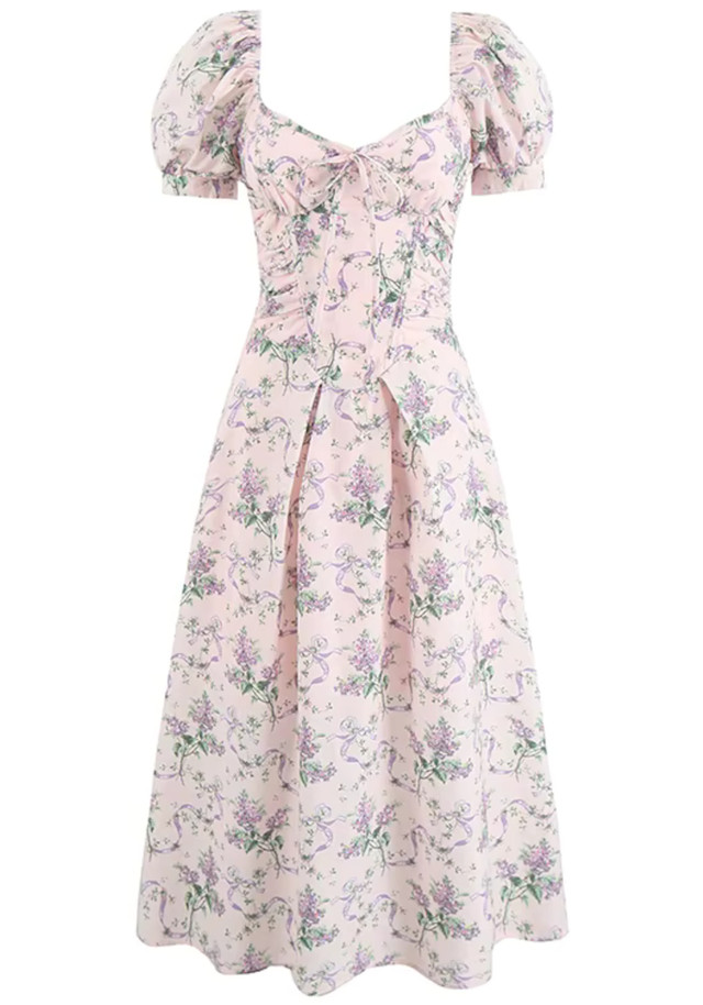 Short Sleeve Floral Corset A Line Midi Dress Pink