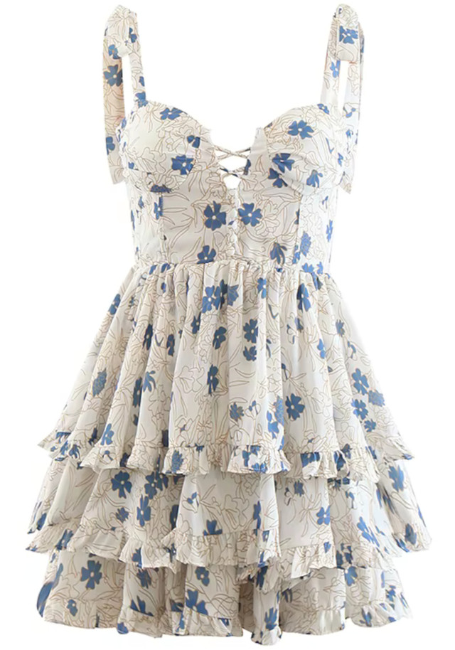 Floral Bustier Corset Detail Ruffle Dress Blue