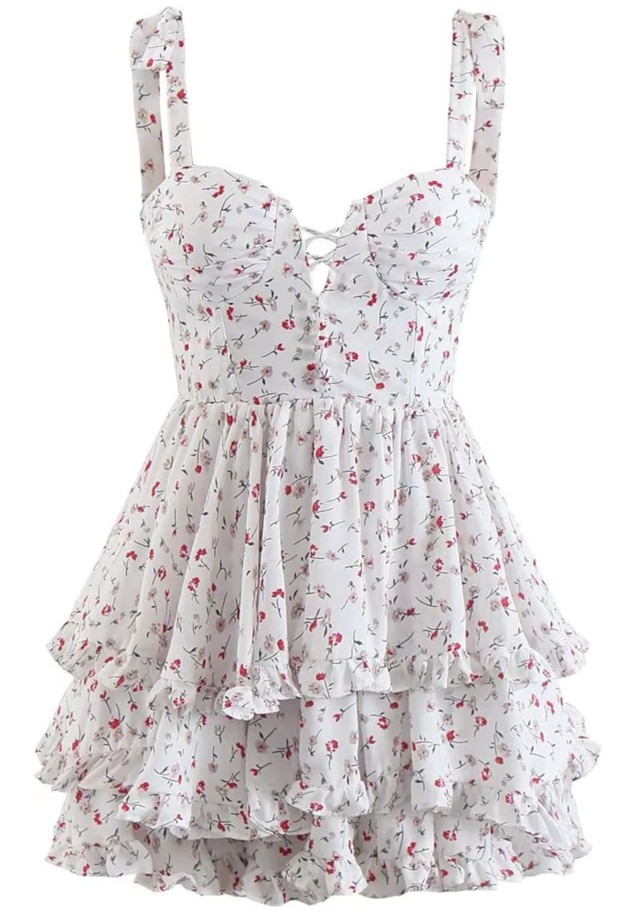 Floral Bustier Corset Detail Ruffle Dress White