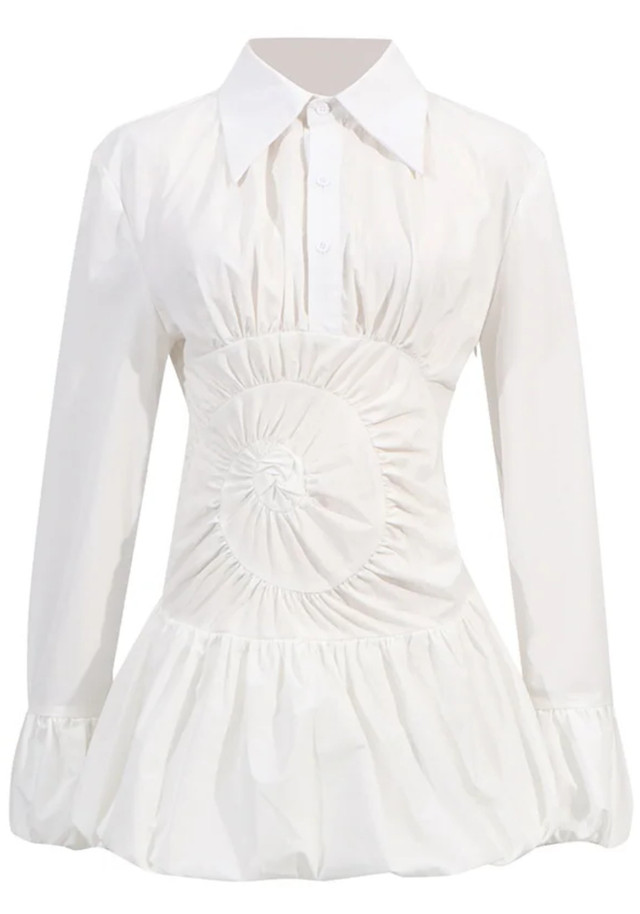 Long Sleeve Puff Shirt Dress White
