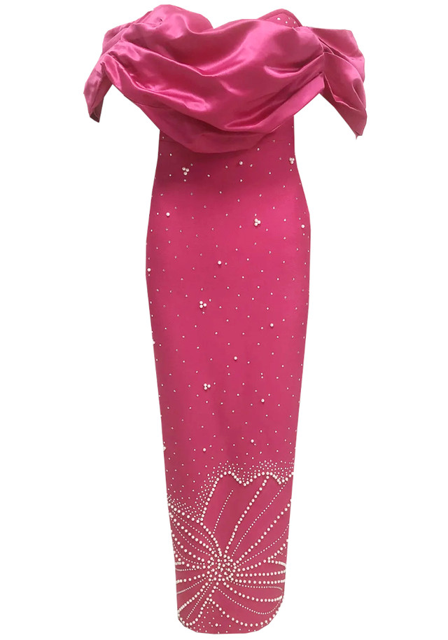 Draped Bardot Crystal Pearl Floral Maxi Dress Hot Pink Draped Bardot Crystal Pearl Floral Maxi Dress Hot Pink