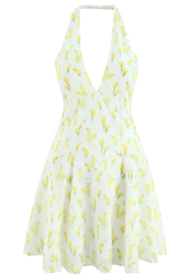 Halter Floral A Line Dress Yellow