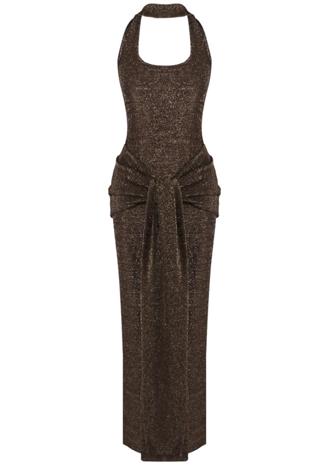 Halter Sparkly Maxi Dress Brown Halter Sparkly Maxi Dress Brown