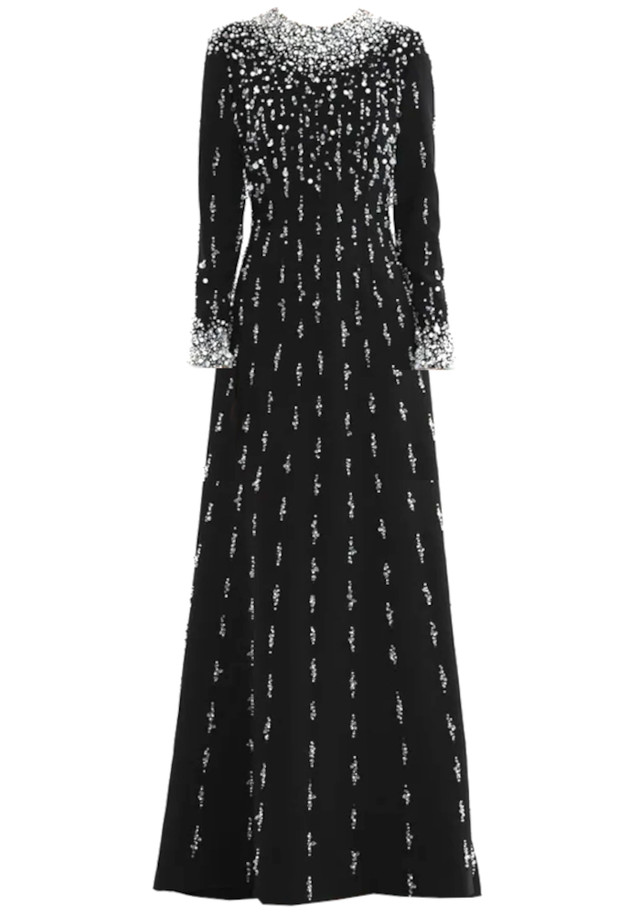 Long Sleeve Crystal Pearl Sequin Maxi Dress Black