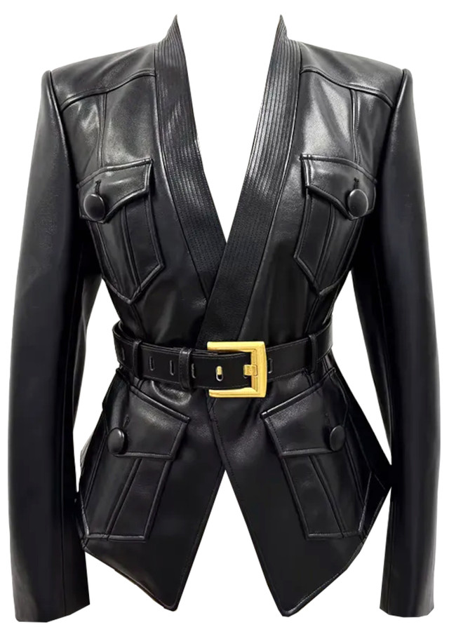 Long Sleeve Lace Up Faux Leather Jacket Black - Luxe Jackets and
