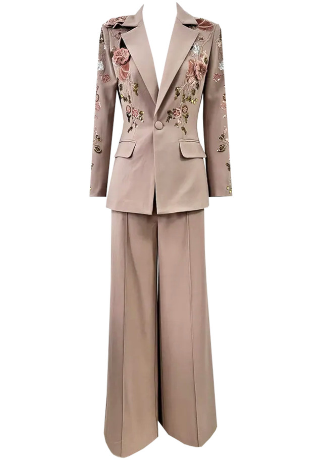 Long Sleeve Sequin Floral Suit Brown