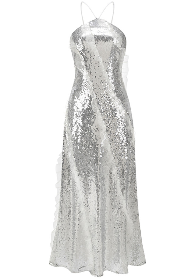 Halter Ruffle Detail Sequin Maxi Dress Silver