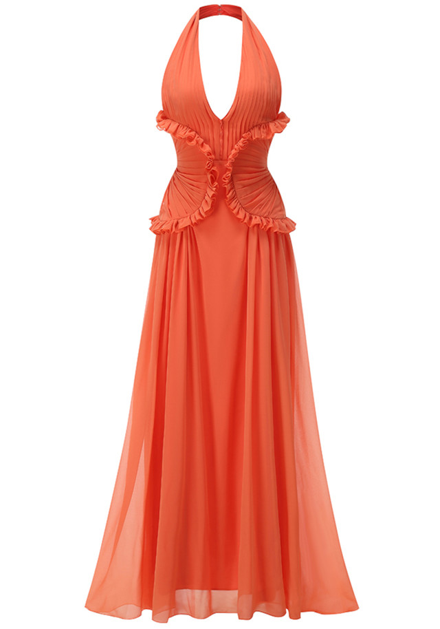 Halter Ruffle Detail A Line Maxi Dress Orange
