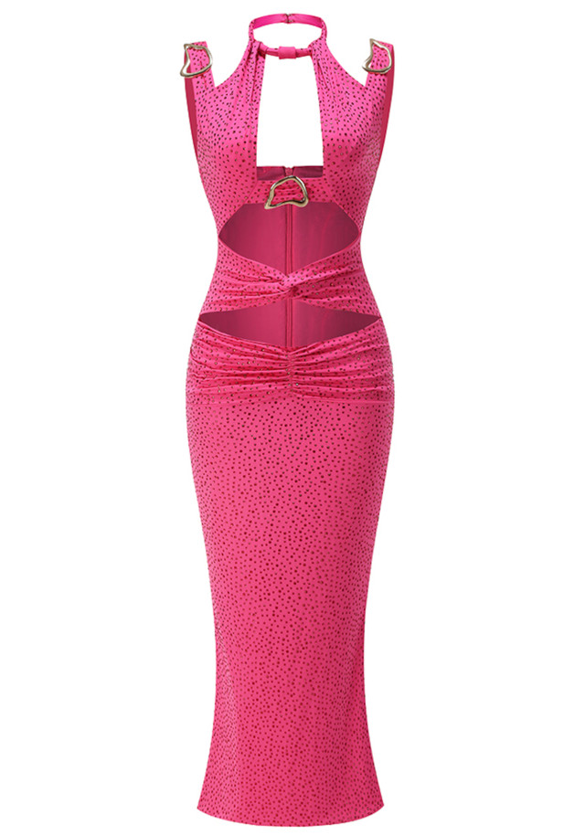 Halter Crystal Ruched Maxi Dress Hot Pink