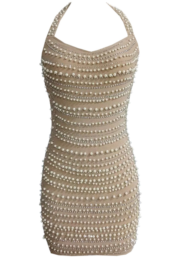 Halter Pearl Embellished Dress Nude Halter Pearl Embellished Dress Nude