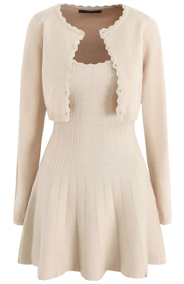 Long Sleeve Scalloped Two Piece Knitted Dress Nude Long Sleeve Scalloped Two Piece Knitted Dress Nude