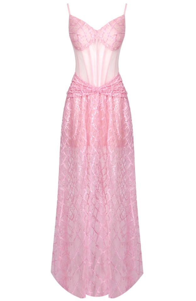 Sequin Structured Bustier A Line Maxi Dress Pink