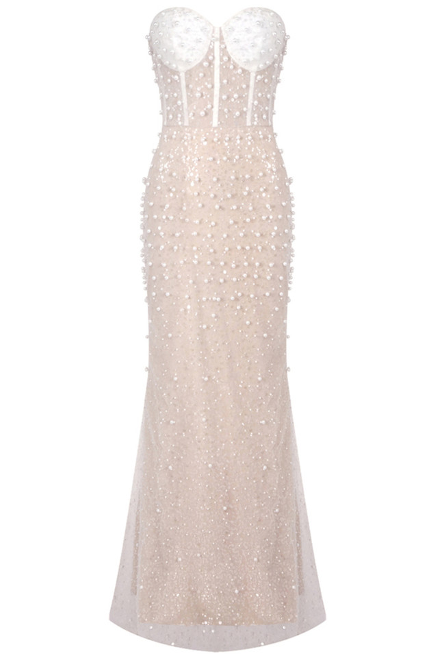 Strapless Pearl Sequin Corset Maxi Dress Nude Strapless Pearl Sequin Corset Maxi Dress Nude