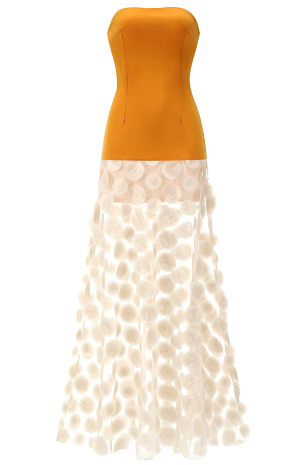Strapless A Line Maxi Dress Mustard Ivory