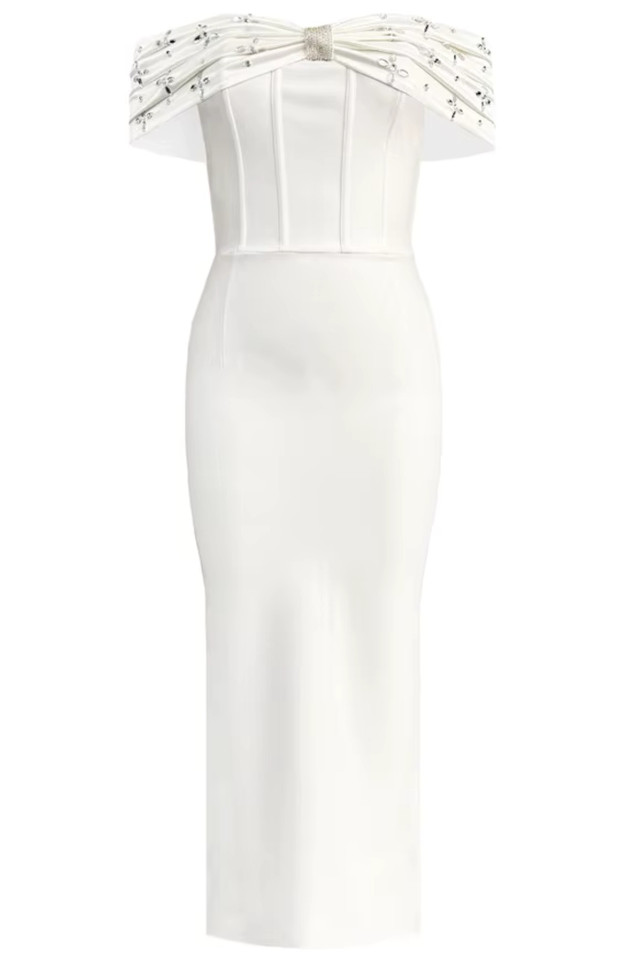 Crystal Draped Bardot Midi Dress White Crystal Draped Bardot Midi Dress White