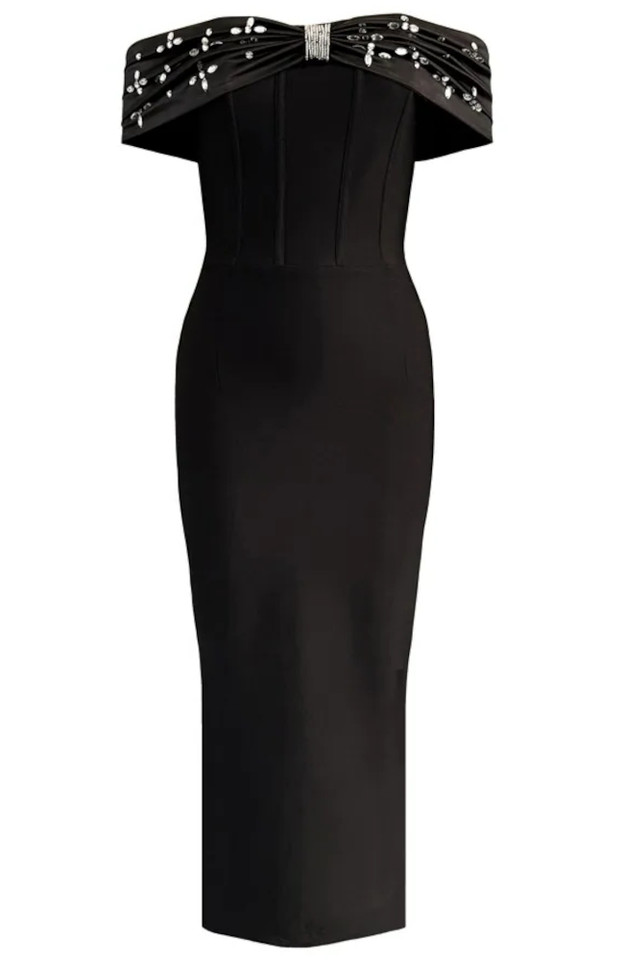 Crystal Draped Bardot Midi Dress Black Crystal Draped Bardot Midi Dress Black