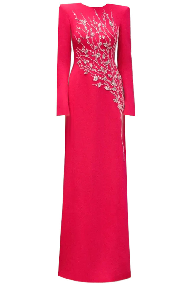 Long Sleeve Crystal Floral Maxi Dress Hot Pink