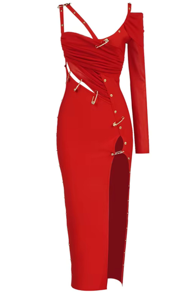 One Sleeve Safety Pin Detail Maxi Dress Red