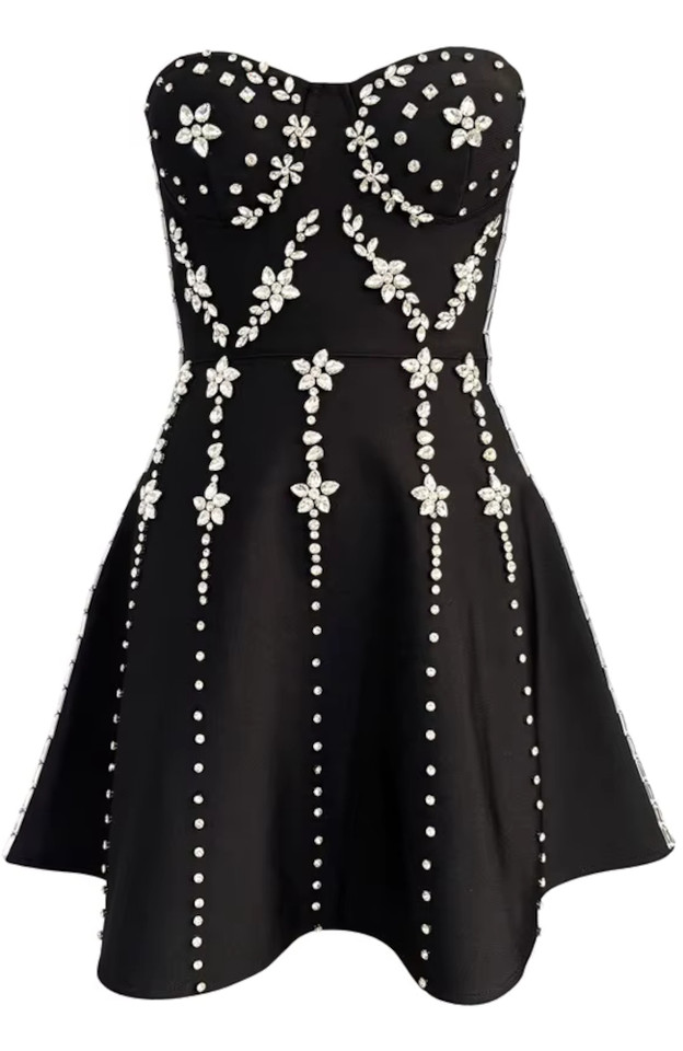 Strapless Crystal Bustier A Line Dress Black