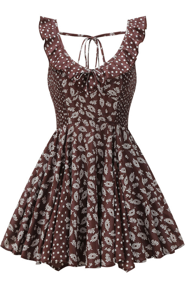 Floral Ruffle Detail A Line Dress Brown Floral Ruffle Detail A Line Dress Brown