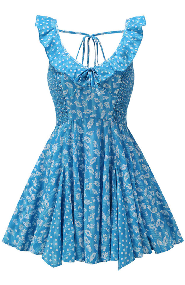 Floral Ruffle Detail A Line Dress Blue Floral Ruffle Detail A Line Dress Blue