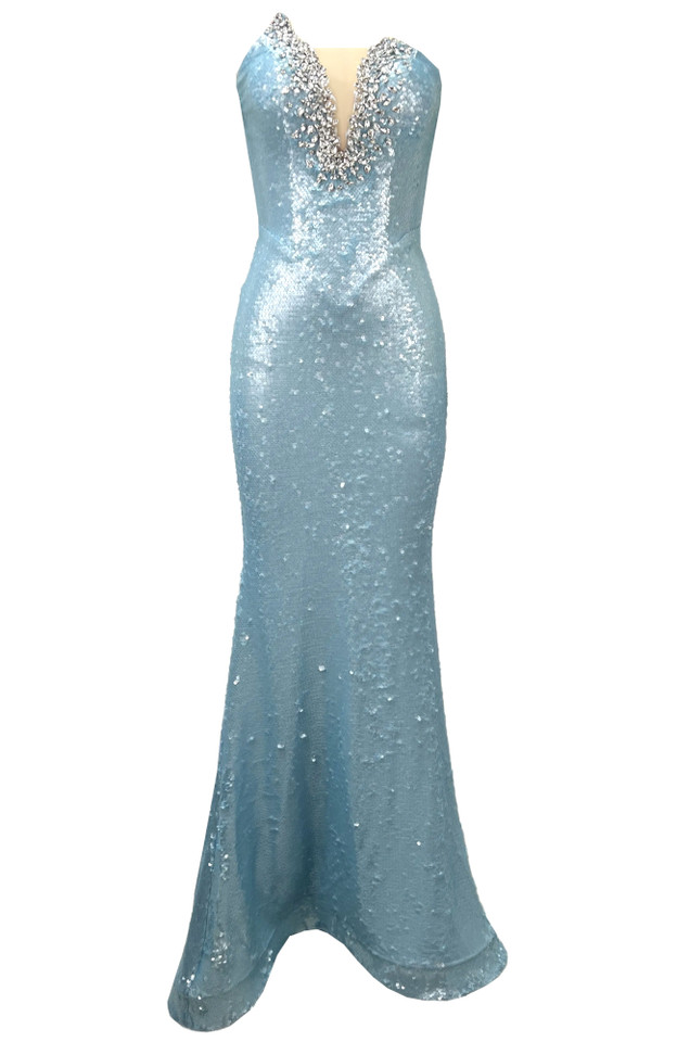 Strapless Crystal Sequin Maxi Dress Light Blue