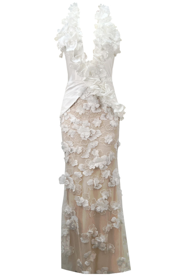 Halter Floral Embellished Maxi Dress White