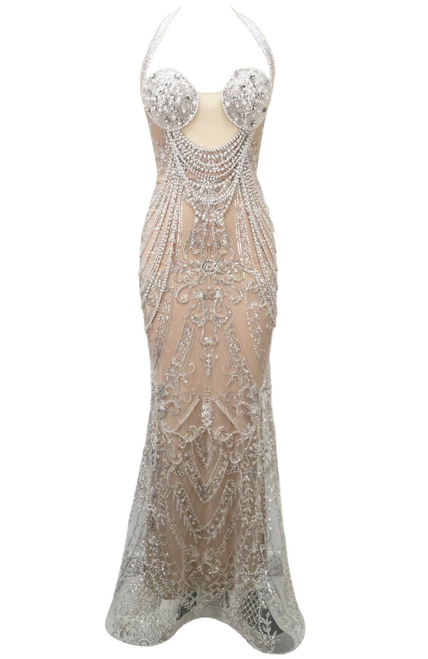 Halter Crystal Sequin Pearl Maxi Dress Nude
