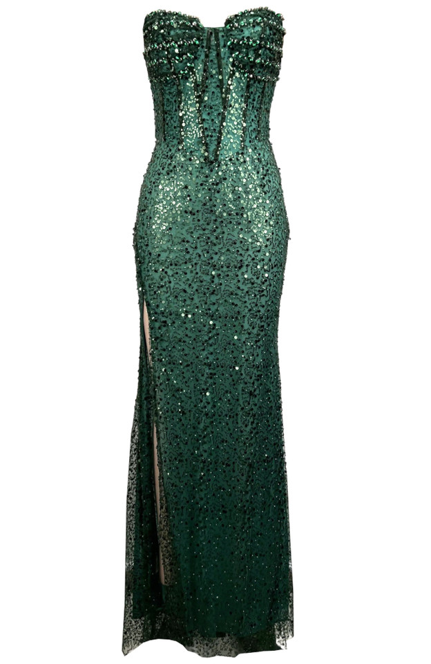 Strapless Crystal Sequin Bustier Maxi Dress Green
