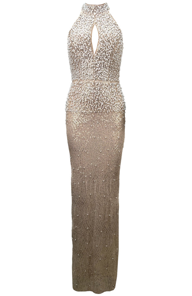 Halter Pearl Sequin Maxi Dress Light Brown Halter Pearl Sequin Maxi Dress Light Brown