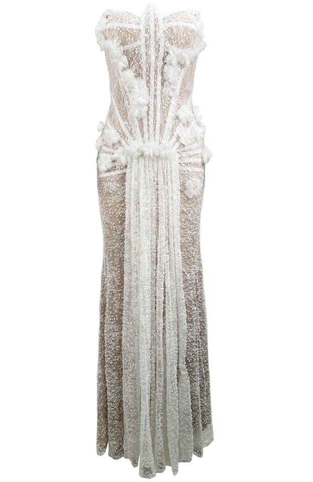 Strapless Pearl Sequin Lace Corset Maxi Dress White