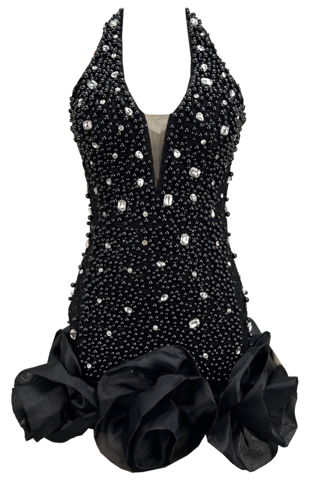 Halter Embellished Floral Hem Dress Black Halter Embellished Floral Hem Dress Black