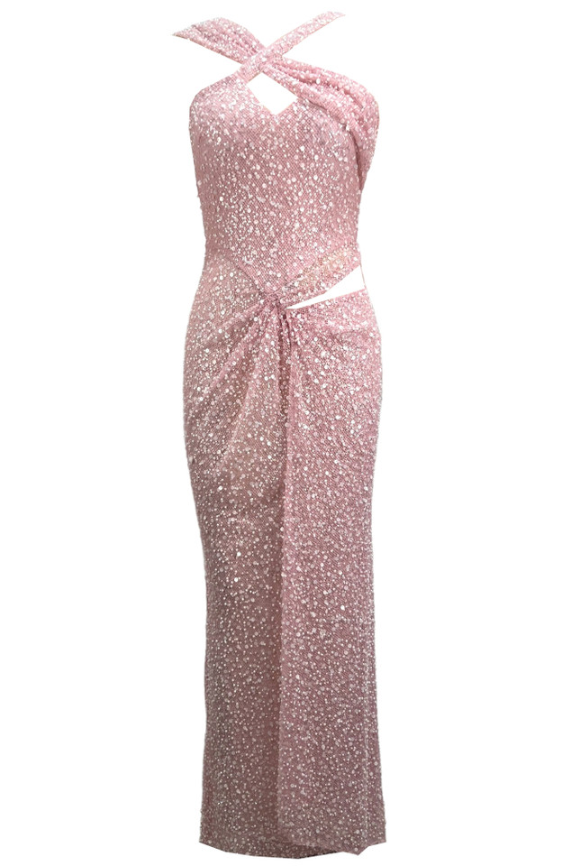 Halter Draped Sequin Maxi Dress Pink