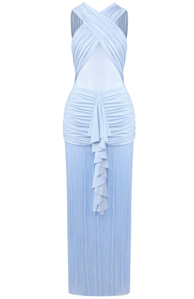 Draped Ruffle Tassel Maxi Dress Blue Draped Ruffle Tassel Maxi Dress Blue