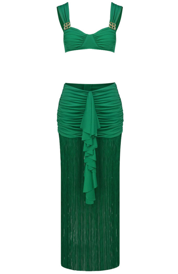 Draped Ruffle Tassel Two Piece Maxi Dress Green Draped Ruffle Tassel Two Piece Maxi Dress Green