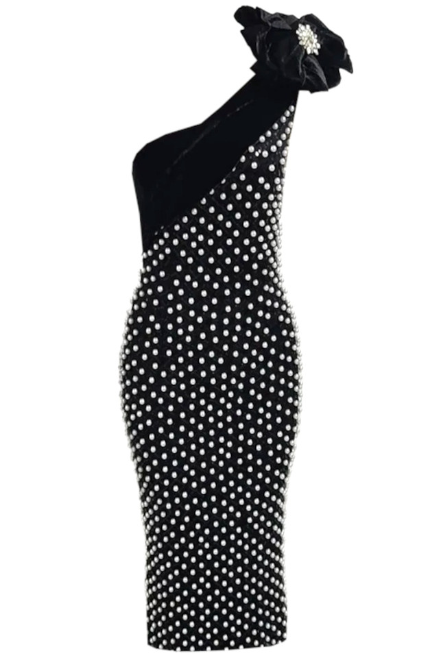 Floral One Shoulder Pearl Sequin Maxi Dress Black Floral One Shoulder Pearl Sequin Maxi Dress Black