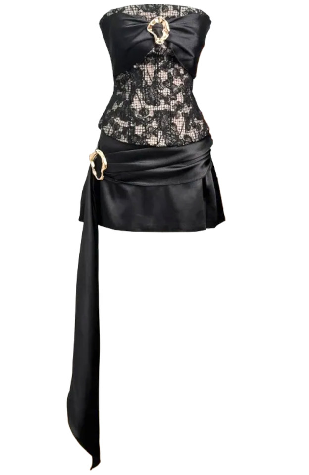 Strapless Lace Corset Draped Two Piece Dress Black